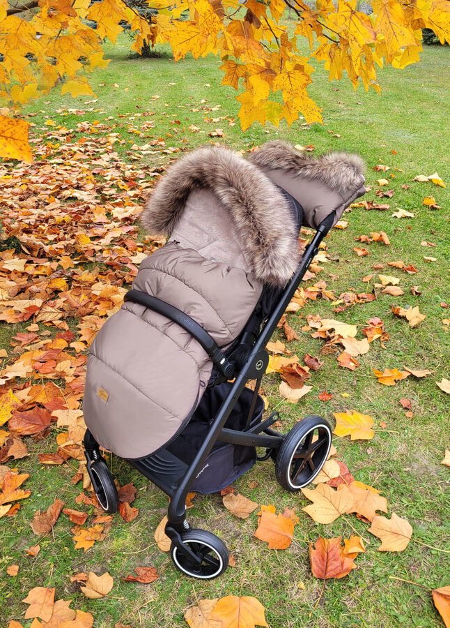 Stroller sleeping bag, with faux fur collar, mokka