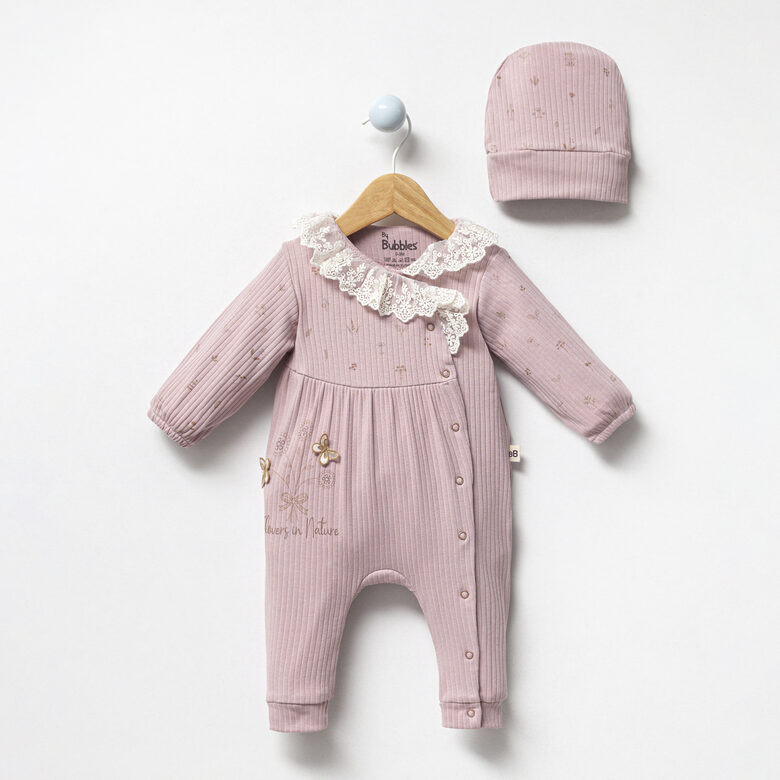 Baby Romper + Hat with Lace, purple