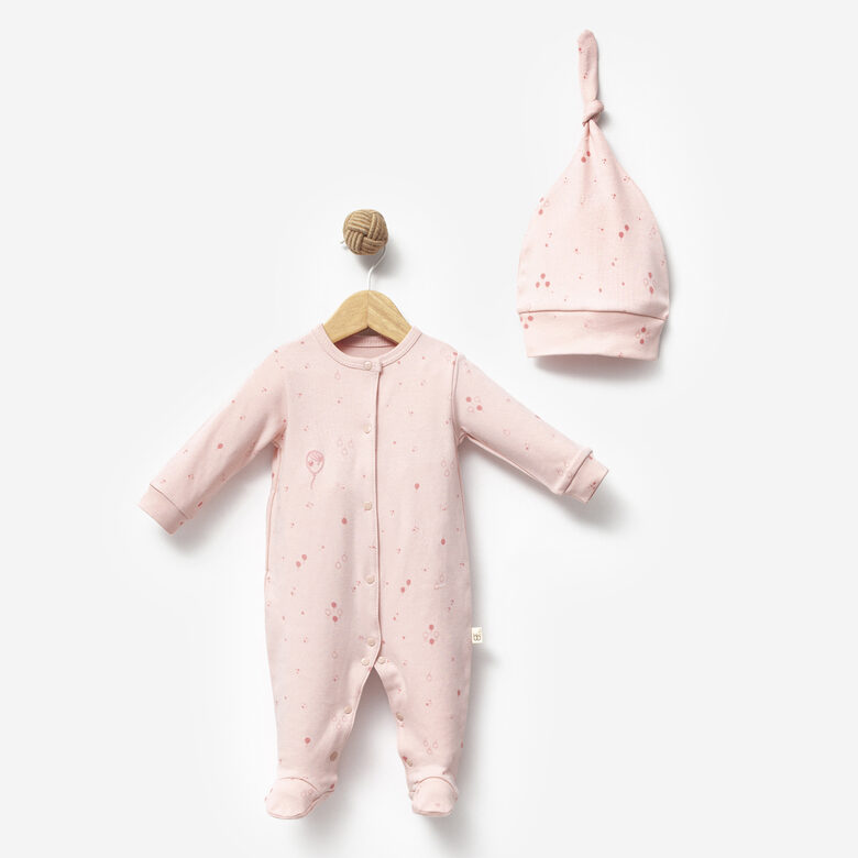 Rāpulītis + cepure, rozā (Izmēri: 0-3mēn., 3-6mēn., 6-9mēn.)