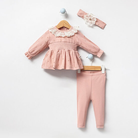 3-Piece Clothing Set with Lace – Pink