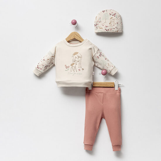 3-Piece Clothing Set with Deer Print and Hat