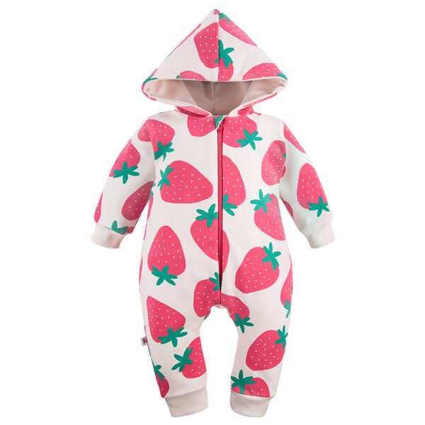 Hooded sleepsuit, Strawberry Love (Sizes: 56., 62., 68., 74., 80., 86.)