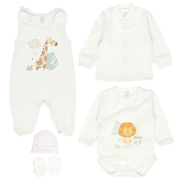 5-piece set, white, WILD ANIMALS (Sizes: 56., 62.)
