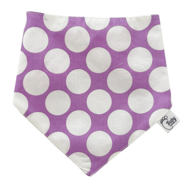 Bandana Dribble Bib, white circles on purple background