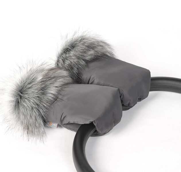 Stroller gloves, with faux fur collar, graphite/ with magnets