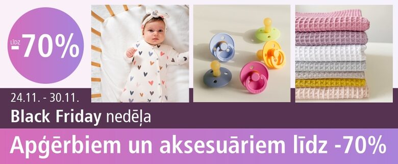 Black Friday nedēļa BabyColors.lv: no 24.11. līdz 30.11. atlaides līdz 70% bērnu apģērbiem, aksesuāriem, Mushie, BIBS un citām zīdaiņu precēm. Apskati piedāvājumu!